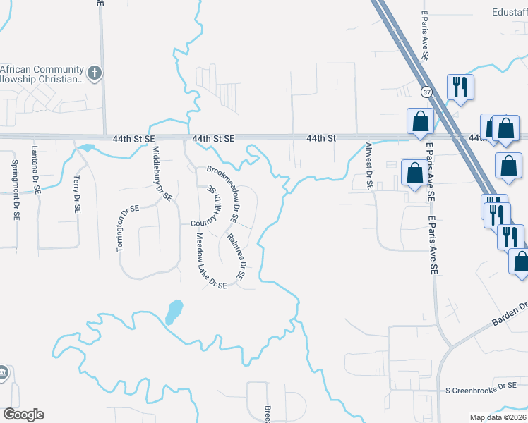 map of restaurants, bars, coffee shops, grocery stores, and more near 4550 Brookmeadow Court Southeast in Kentwood