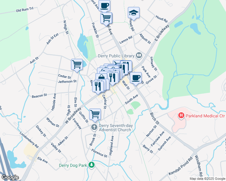 map of restaurants, bars, coffee shops, grocery stores, and more near Merchants Row in Derry