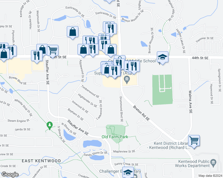 map of restaurants, bars, coffee shops, grocery stores, and more near 4603 Drummond Boulevard Southeast in Kentwood