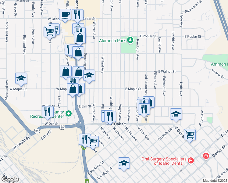 map of restaurants, bars, coffee shops, grocery stores, and more near 282 Washington Avenue in Pocatello