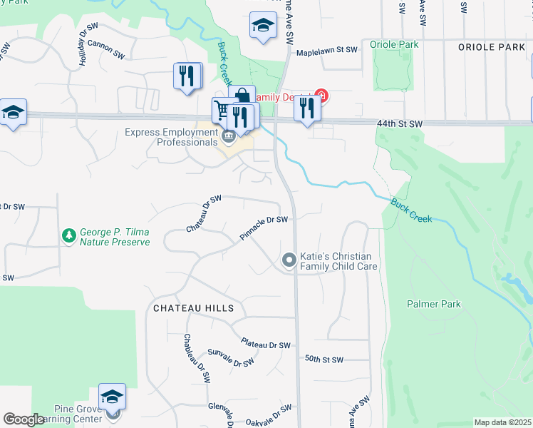 map of restaurants, bars, coffee shops, grocery stores, and more near 1642 Chateau Drive Southwest in Wyoming