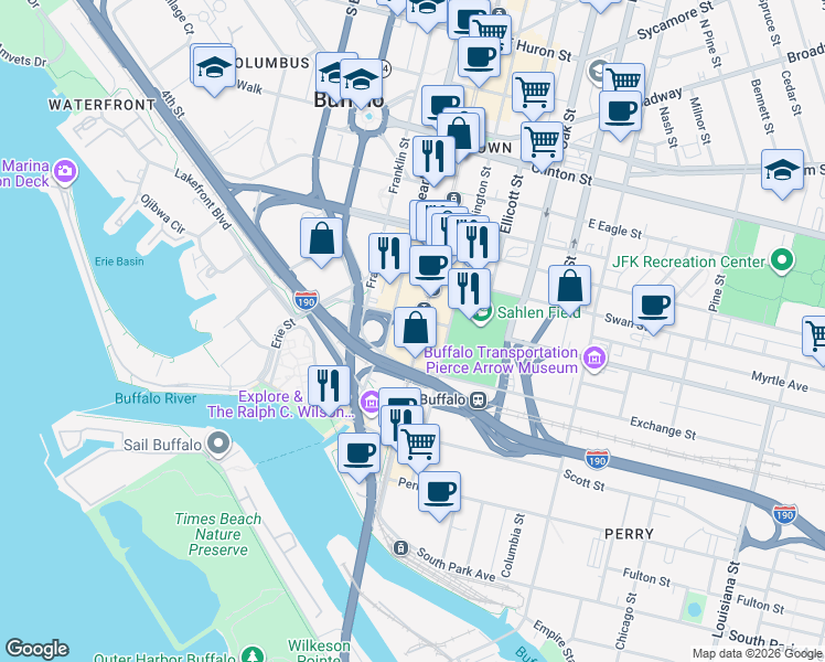 map of restaurants, bars, coffee shops, grocery stores, and more near 1 Seneca Street in Buffalo