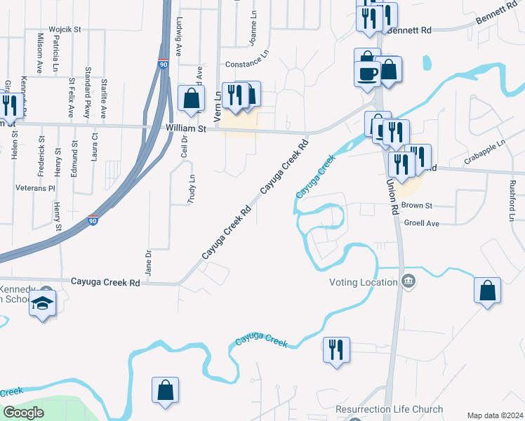 map of restaurants, bars, coffee shops, grocery stores, and more near 707 Cayuga Creek Road in Buffalo