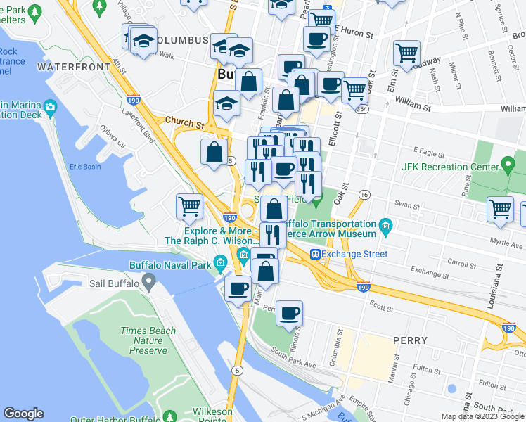 map of restaurants, bars, coffee shops, grocery stores, and more near 58 Pearl Street in Buffalo