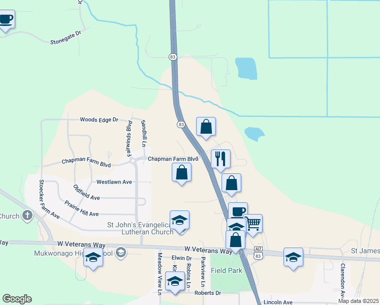 map of restaurants, bars, coffee shops, grocery stores, and more near in Mukwonago