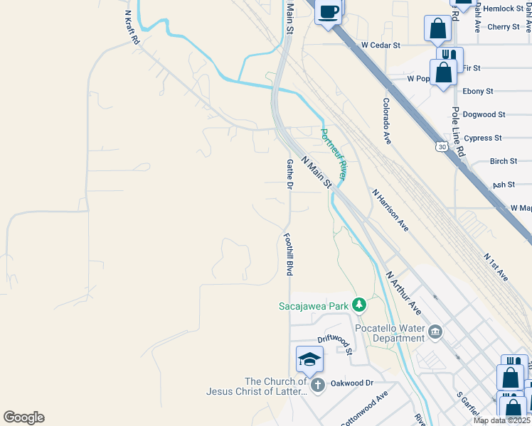 map of restaurants, bars, coffee shops, grocery stores, and more near 8309 North Gathe Road in Pocatello