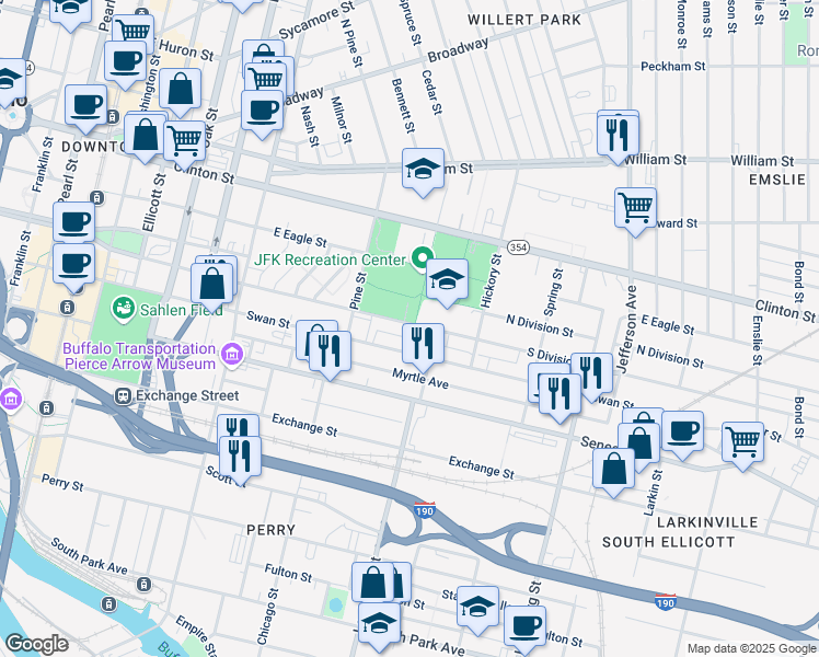 map of restaurants, bars, coffee shops, grocery stores, and more near 357 South Division Street in Buffalo
