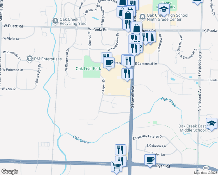 map of restaurants, bars, coffee shops, grocery stores, and more near 9035 South Howell Avenue in Oak Creek