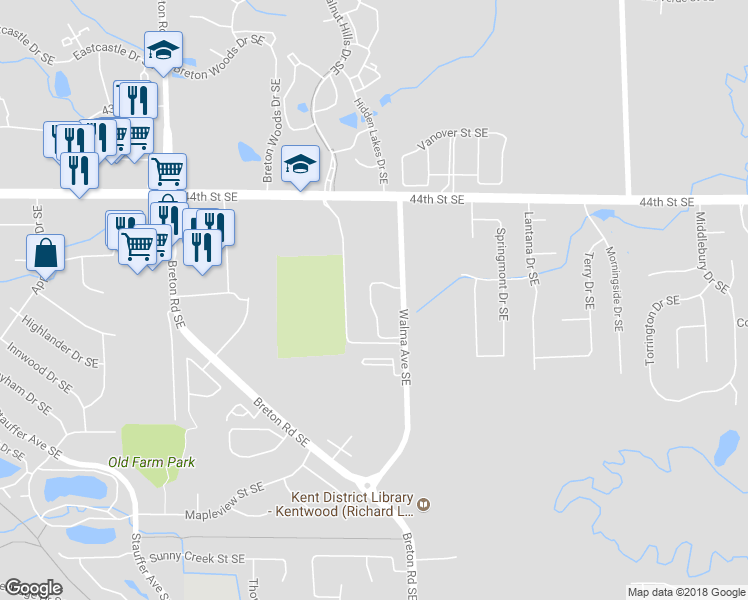 map of restaurants, bars, coffee shops, grocery stores, and more near 4603 Walma Avenue Southeast in Kentwood