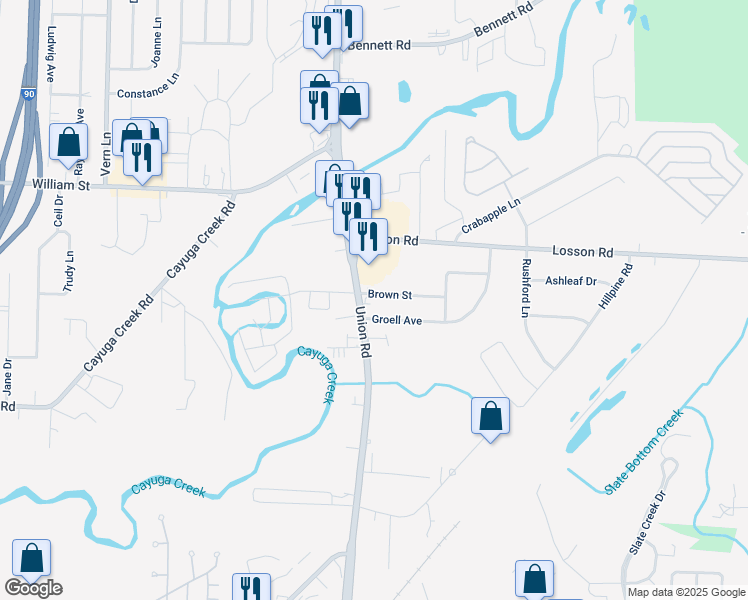 map of restaurants, bars, coffee shops, grocery stores, and more near 25 Brown Street in Cheektowaga