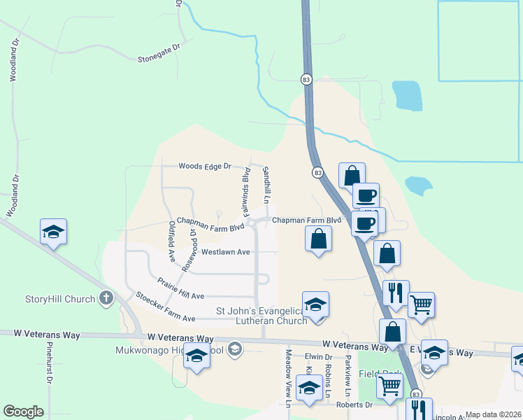 map of restaurants, bars, coffee shops, grocery stores, and more near 604 Westlawn Avenue in Mukwonago
