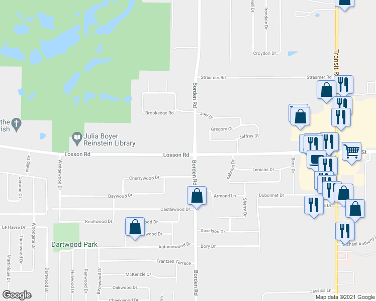 map of restaurants, bars, coffee shops, grocery stores, and more near 1270 Losson Road in Buffalo