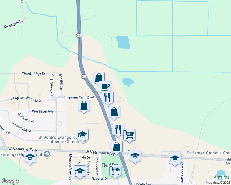 map of restaurants, bars, coffee shops, grocery stores, and more near 1162 Black Bear Drive in Mukwonago