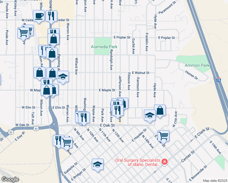 map of restaurants, bars, coffee shops, grocery stores, and more near 780 East Maple Street in Pocatello