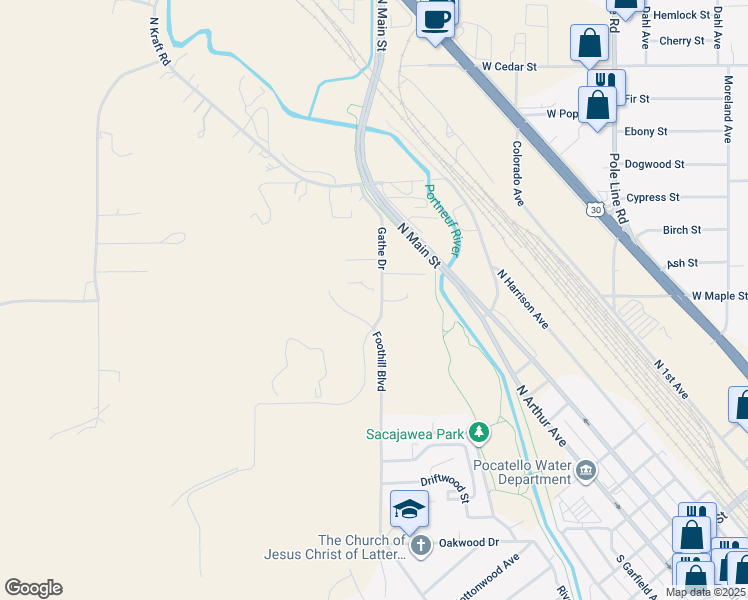 map of restaurants, bars, coffee shops, grocery stores, and more near 7700-8000 North Gathe Road in Pocatello