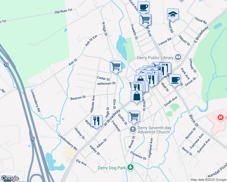 map of restaurants, bars, coffee shops, grocery stores, and more near 6 Elm Street in Derry