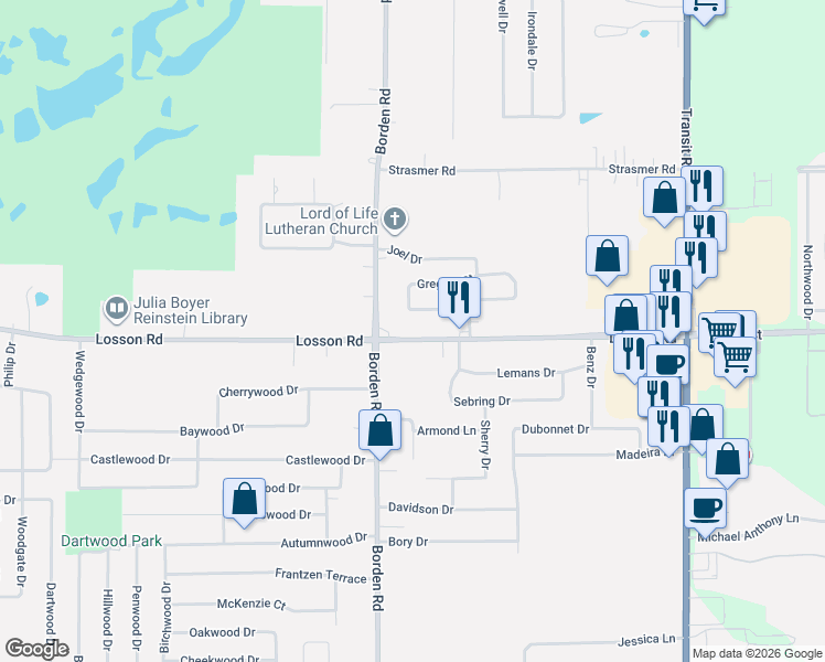 map of restaurants, bars, coffee shops, grocery stores, and more near 1356 Losson Road in Depew