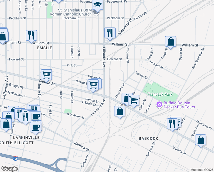 map of restaurants, bars, coffee shops, grocery stores, and more near 267 Fillmore Avenue in Buffalo