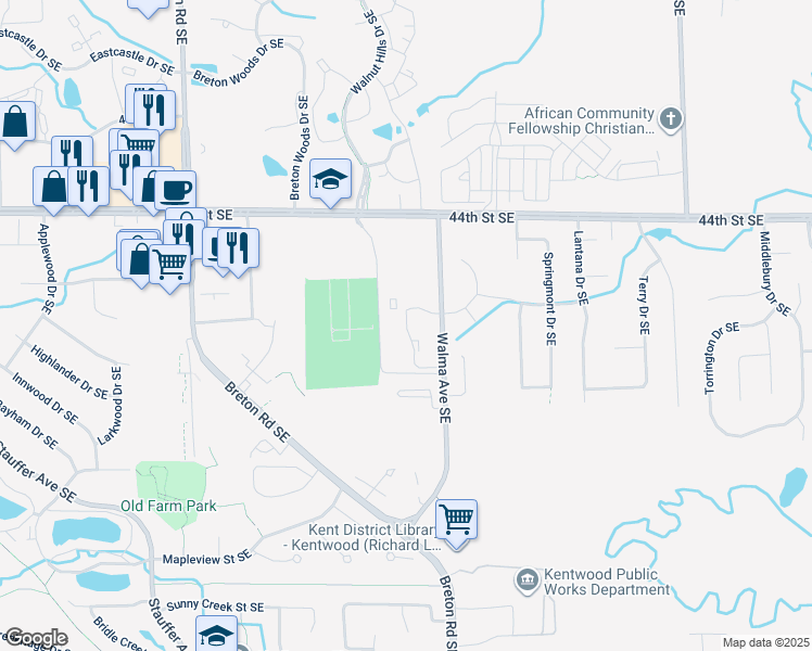 map of restaurants, bars, coffee shops, grocery stores, and more near 4603 Walma Avenue Southeast in Kentwood