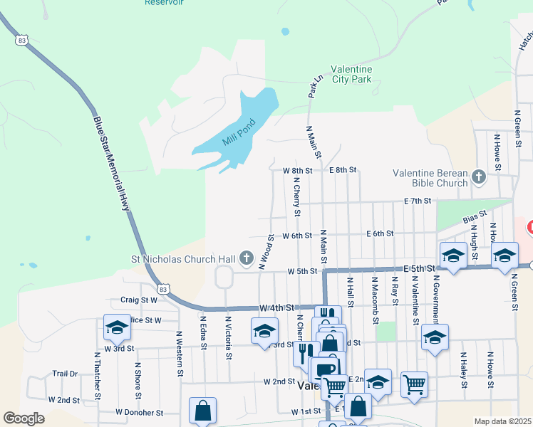 map of restaurants, bars, coffee shops, grocery stores, and more near 701-799 North Wood Street in Valentine