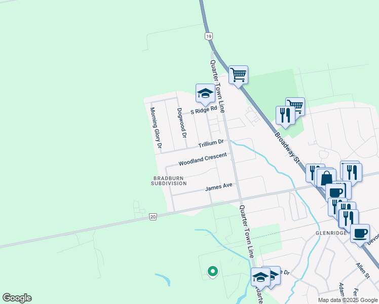 map of restaurants, bars, coffee shops, grocery stores, and more near 41 Trillium Drive in Tillsonburg