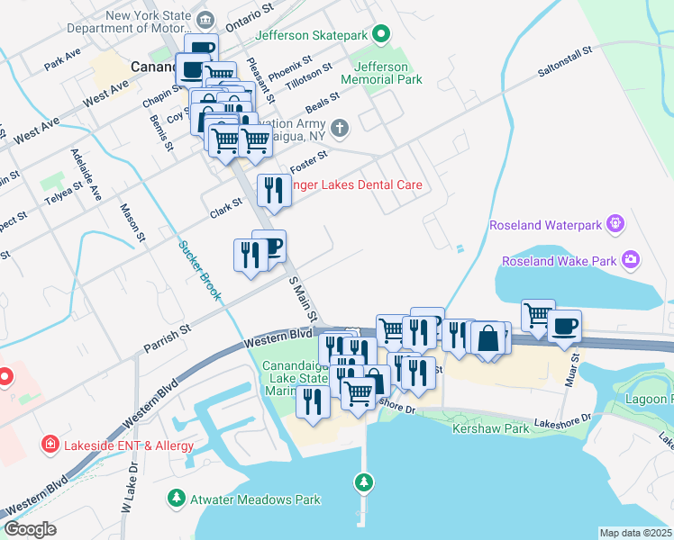map of restaurants, bars, coffee shops, grocery stores, and more near 33 Green Street in Canandaigua