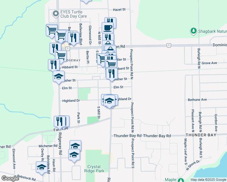 map of restaurants, bars, coffee shops, grocery stores, and more near 208 Ridge Road North in Fort Erie