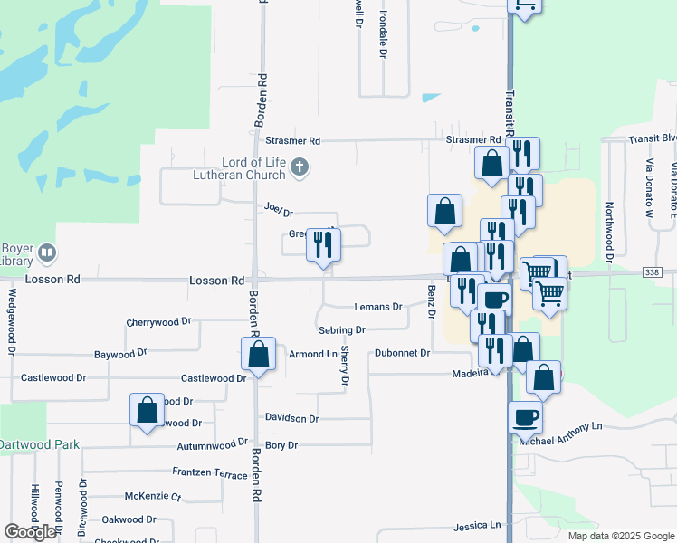 map of restaurants, bars, coffee shops, grocery stores, and more near 3 Jeffrey Drive in Depew