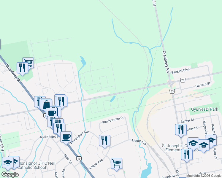map of restaurants, bars, coffee shops, grocery stores, and more near 76 North Street East in Tillsonburg