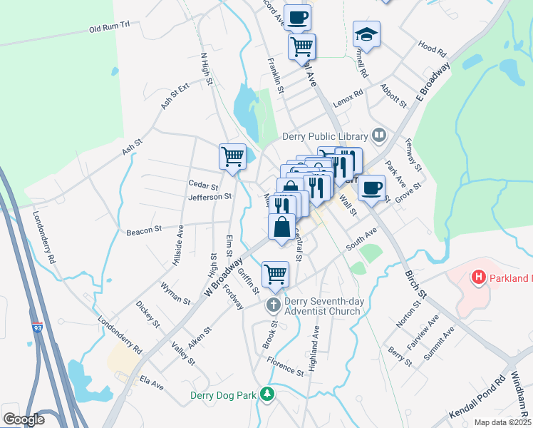 map of restaurants, bars, coffee shops, grocery stores, and more near 1 Walker Court in Derry