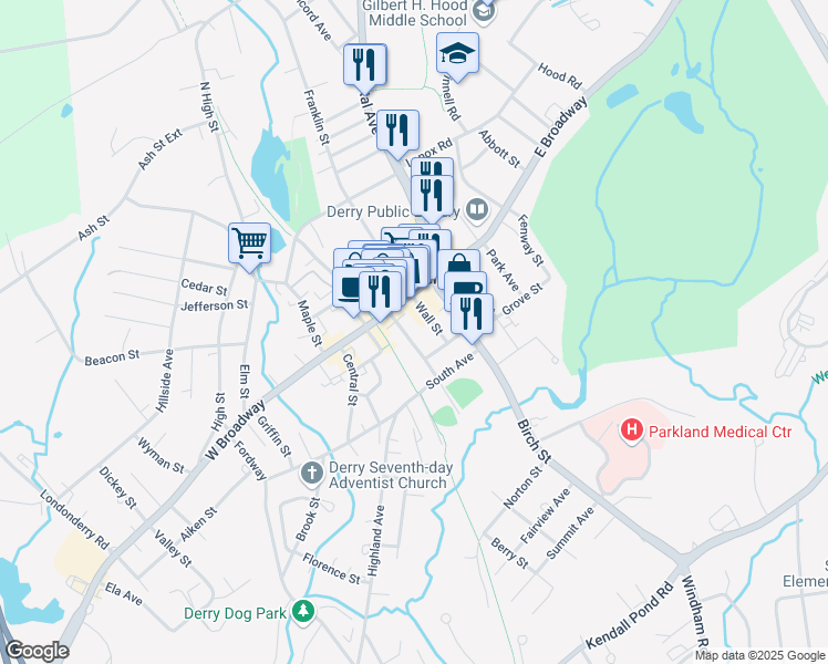 map of restaurants, bars, coffee shops, grocery stores, and more near 12 Railroad Avenue in Derry
