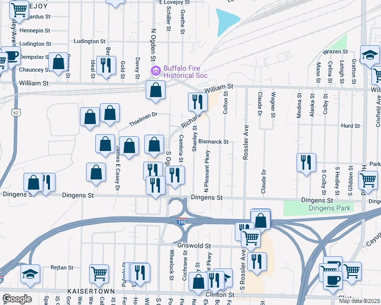 map of restaurants, bars, coffee shops, grocery stores, and more near 284 Shanley Street in Buffalo