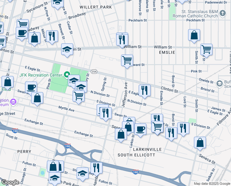 map of restaurants, bars, coffee shops, grocery stores, and more near 42 Mary Johnson Boulevard in Buffalo