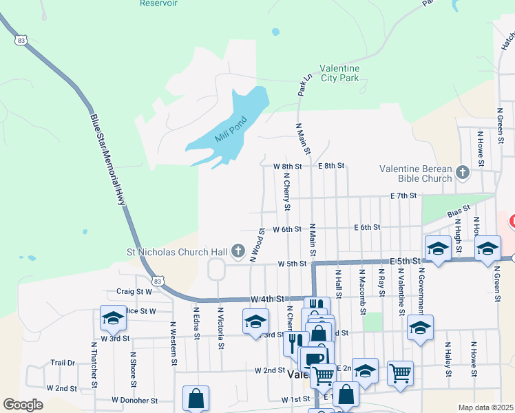 map of restaurants, bars, coffee shops, grocery stores, and more near 701 North Wood Street in Valentine