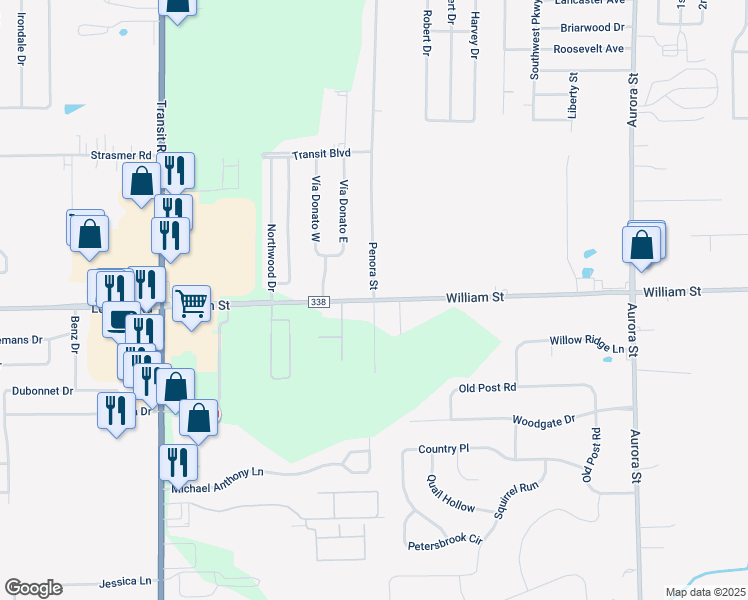 map of restaurants, bars, coffee shops, grocery stores, and more near South Penora Street in Depew