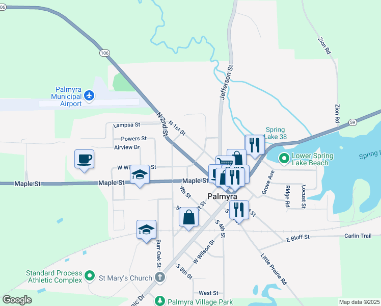 map of restaurants, bars, coffee shops, grocery stores, and more near 509 North 1st Street in Palmyra