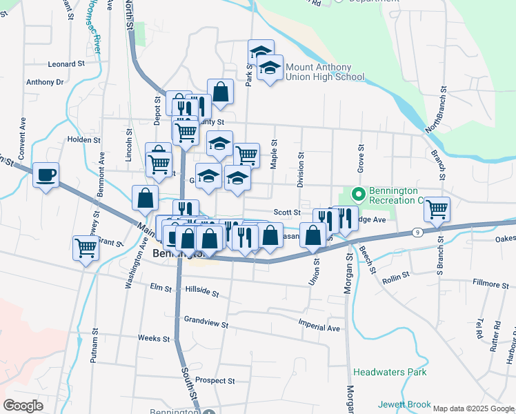 map of restaurants, bars, coffee shops, grocery stores, and more near 110 Scott Street in Bennington