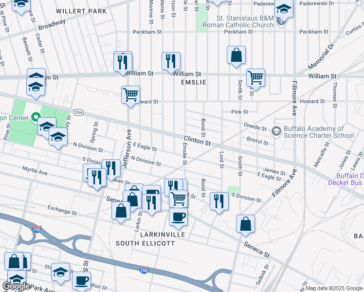 map of restaurants, bars, coffee shops, grocery stores, and more near 150 Emslie Street in Buffalo
