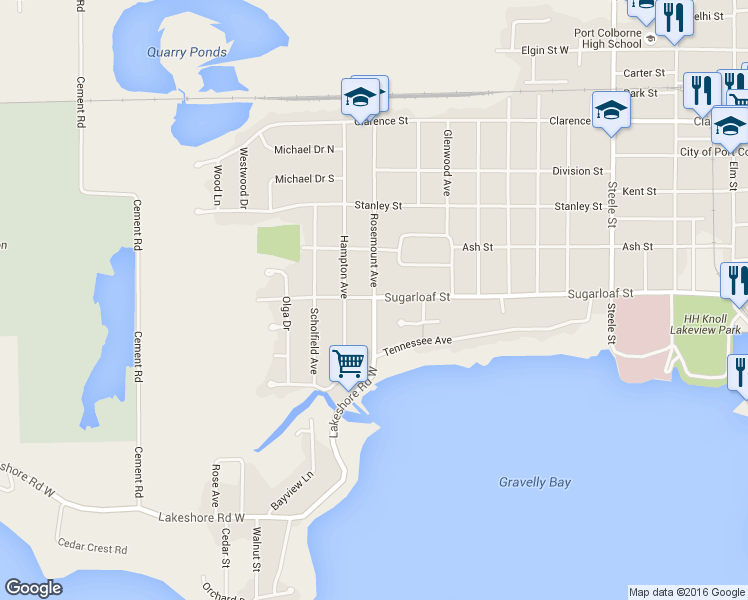 map of restaurants, bars, coffee shops, grocery stores, and more near 78 Rosemount Ave in Port Colborne