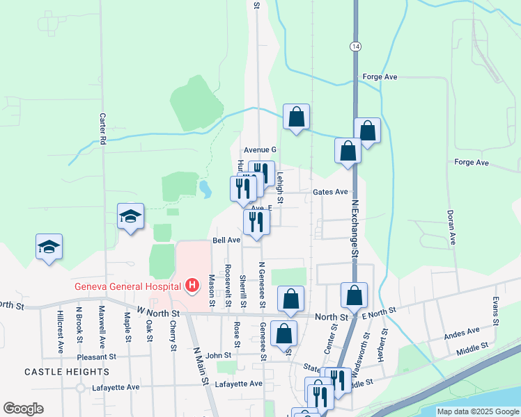 map of restaurants, bars, coffee shops, grocery stores, and more near North Genesee Street & Avenue East in Geneva