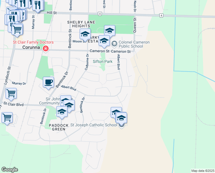 map of restaurants, bars, coffee shops, grocery stores, and more near 332 Willow Crescent in Corunna