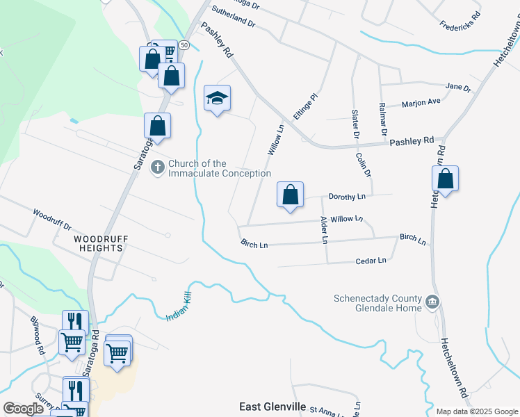 map of restaurants, bars, coffee shops, grocery stores, and more near 115 Willow Lane in Glenville