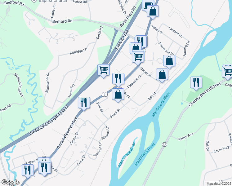 map of restaurants, bars, coffee shops, grocery stores, and more near 4 Elm Street in Merrimack