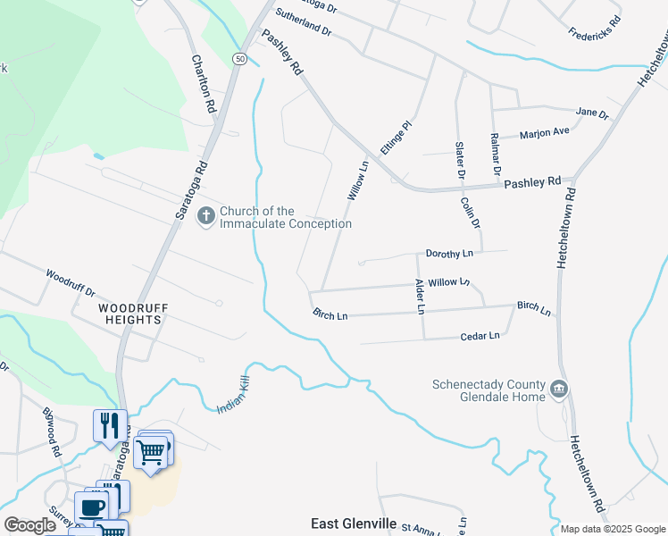 map of restaurants, bars, coffee shops, grocery stores, and more near 115 Willow Lane in Glenville