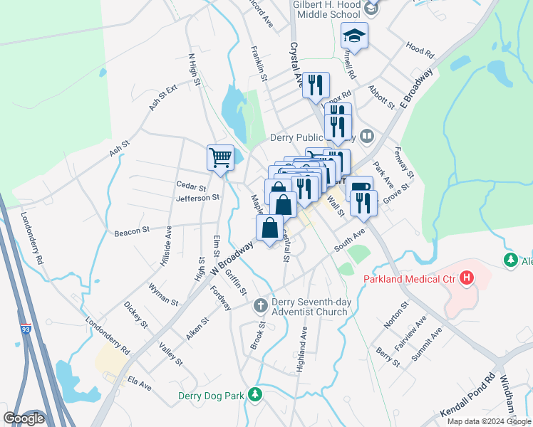 map of restaurants, bars, coffee shops, grocery stores, and more near in Derry