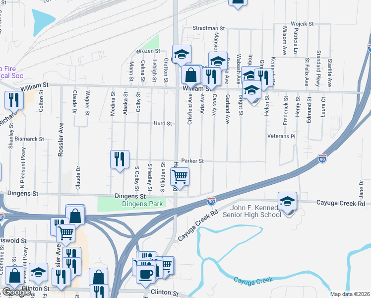 map of restaurants, bars, coffee shops, grocery stores, and more near 1369 Harlem Road in Cheektowaga