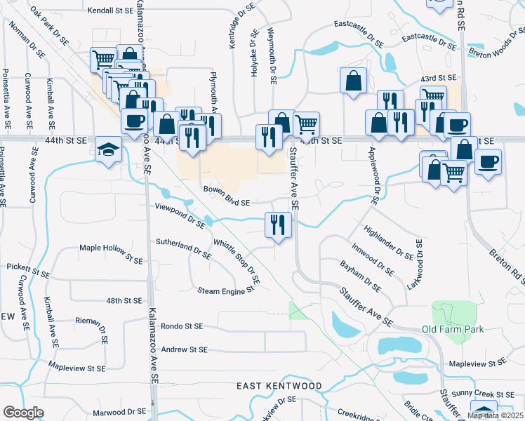map of restaurants, bars, coffee shops, grocery stores, and more near 4581 Crosswinds Southeast in Kentwood