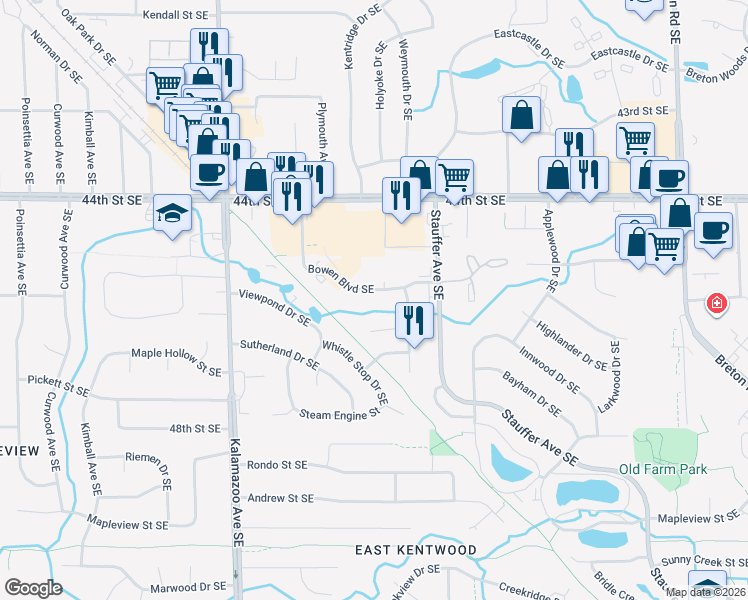map of restaurants, bars, coffee shops, grocery stores, and more near 4553 Bowen Boulevard Southeast in Kentwood