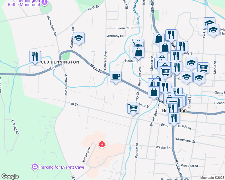 map of restaurants, bars, coffee shops, grocery stores, and more near 121 McCall Street in Bennington
