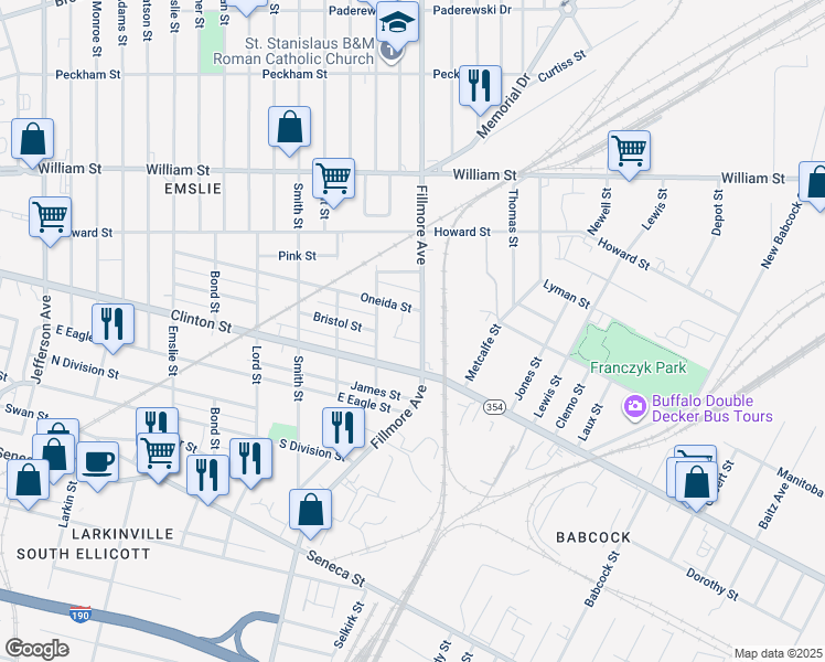 map of restaurants, bars, coffee shops, grocery stores, and more near 272 Fillmore Avenue in Buffalo